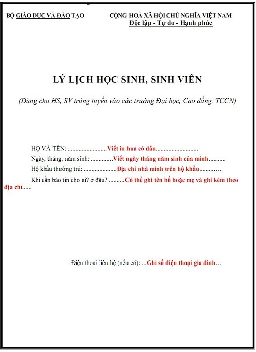 V&iacute; dụ về trang b&igrave;a ngo&agrave;i trong sơ yếu l&yacute; lịch học sinh sinh vi&ecirc;n