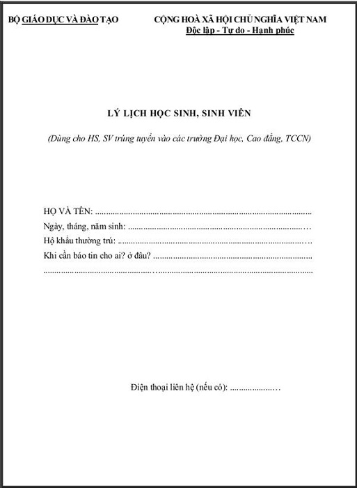 Trang 1 trong mẫu sơ yếu l&yacute; lịch học sinh sinh vi&ecirc;n