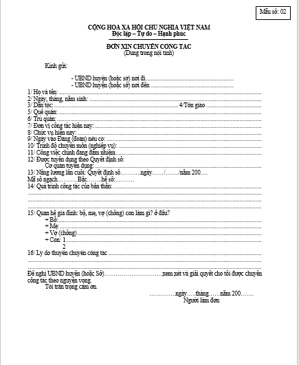 Đơn xin chuyển c&ocirc;ng t&aacute;c trong tỉnh