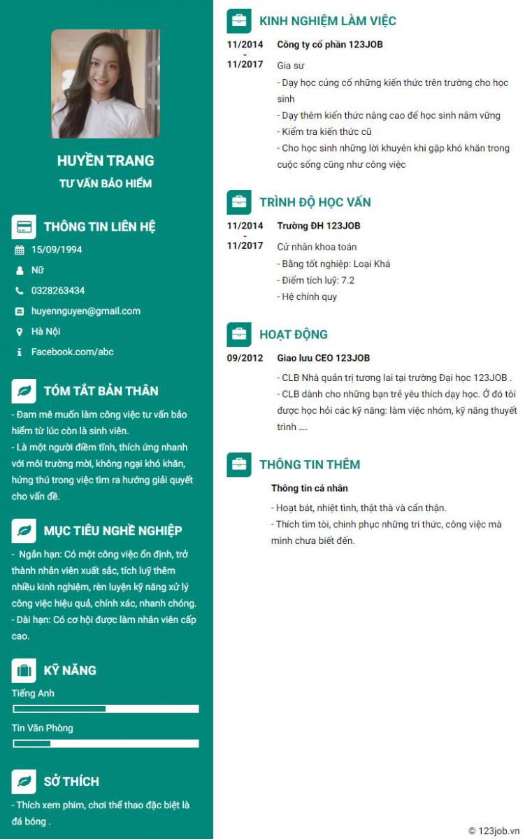 Mẫu cv tư vấn bảo hiểm