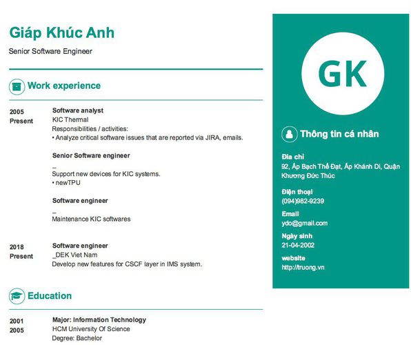 Mẫu CV Senior Software Engineer