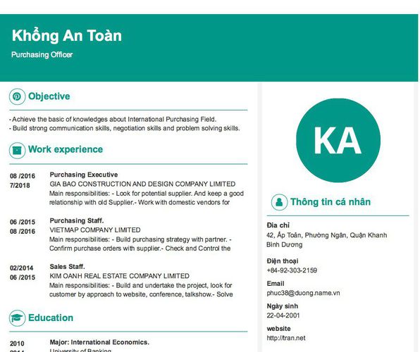 Mẫu CV Purchasing Officer