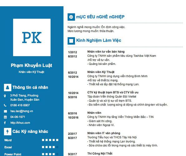 Mẫu CV Nhân viên Kỹ Thuật