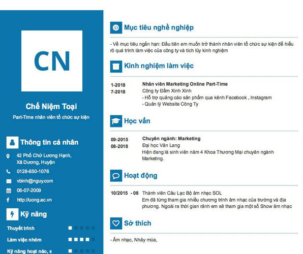 Mẫu CV Part-Time nhân viên tổ chức sự kiện