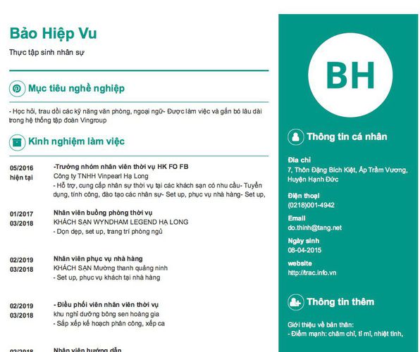 Mẫu CV Thực tập sinh nhân sự