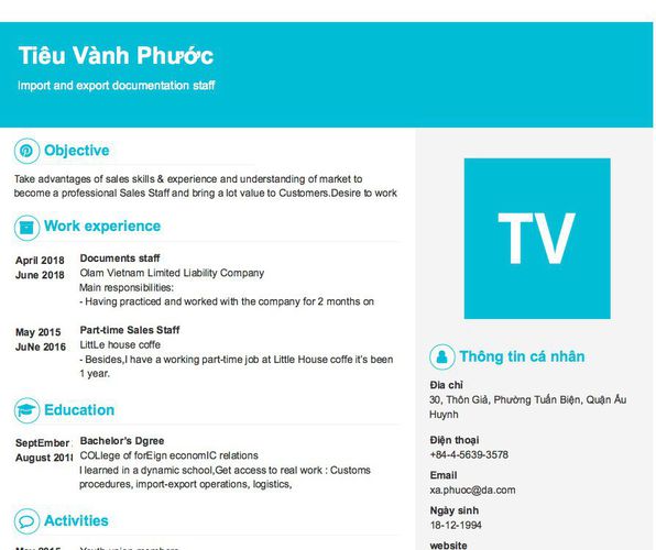 Mẫu CV Import and export documentation staff