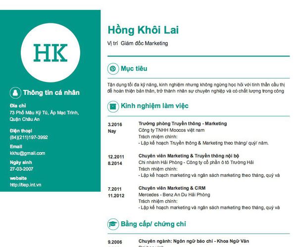 Mẫu CV Vị trí  Giám đốc Marketing