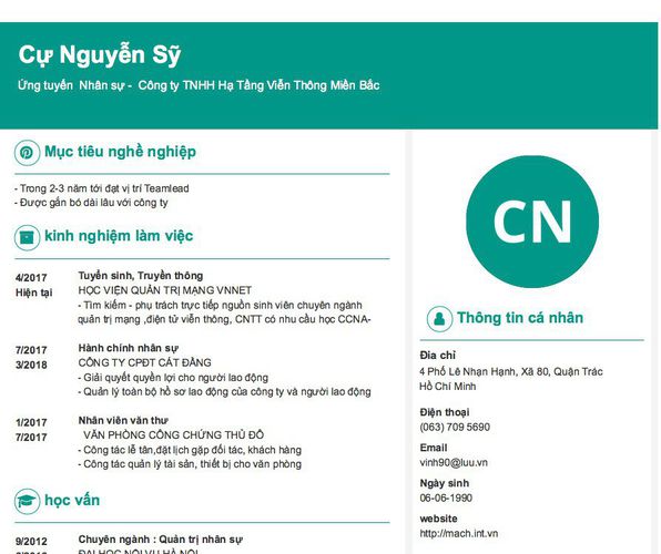 Gợi ý cách viết Mẫu CV tham khảo Ứng tuyển  Nhân sự -  Công ty TNHH Hạ Tầng Viễn Thông Miền Bắc