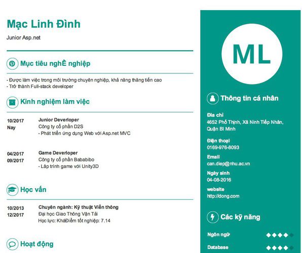 Mẫu CV Junior Asp.net