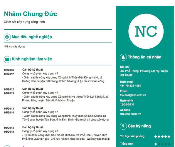 Mẫu CV Giám sát xây dựng công trình
