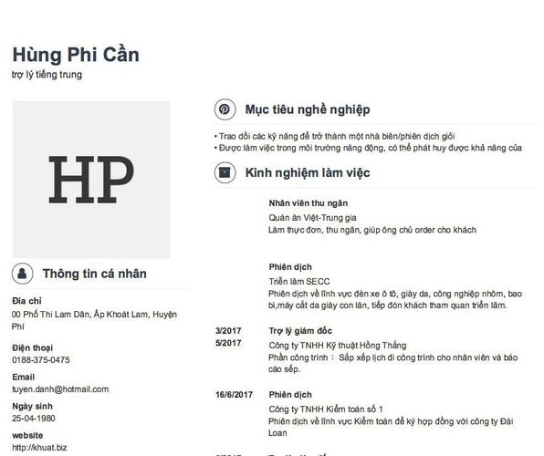 Mẫu CV trợ lý tiếng trung