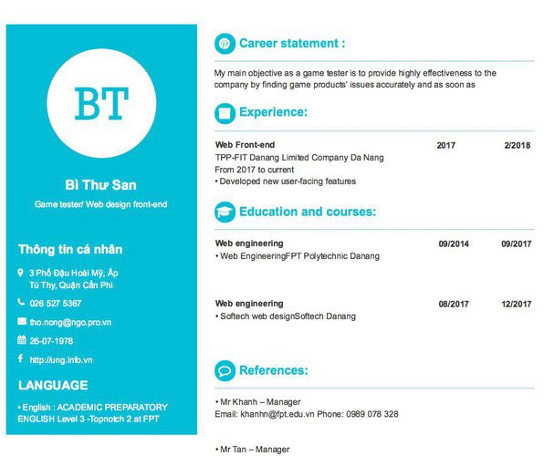 Mẫu CV Game tester/ Web design front-end