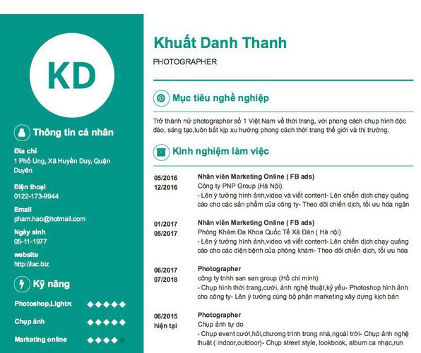 Mẫu CV PHOTOGRAPHER