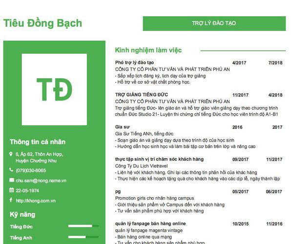 Mẫu CV TRỢ LÝ ĐÀO TẠO