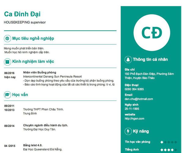 Mẫu CV HOUSEKEEPING supervisor