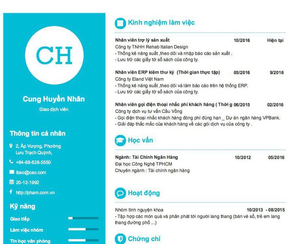 Mẫu CV Giao dịch viên