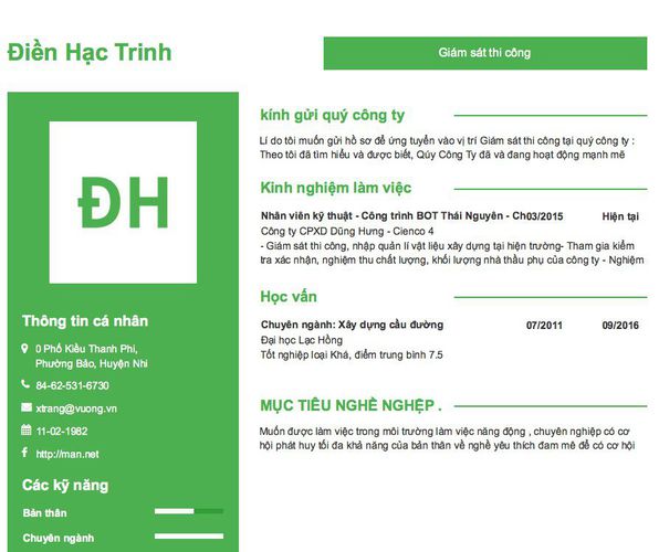 Mẫu CV Giám sát thi công