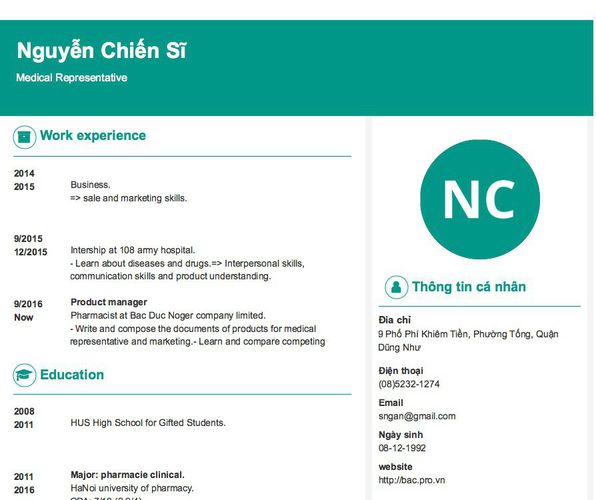 Mẫu CV Medical Representative