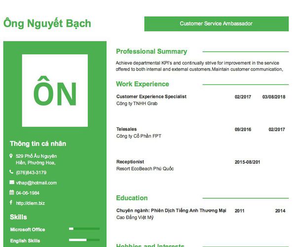 Mẫu CV Customer Service Ambassador