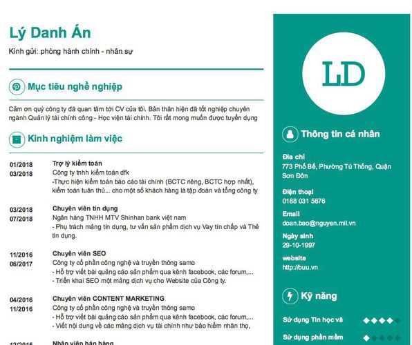 Mẫu CV Kính gửi: phòng hành chính - nhân sự