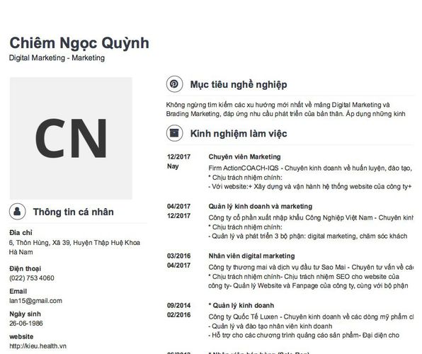 Mẫu CV Digital Marketing - Marketing