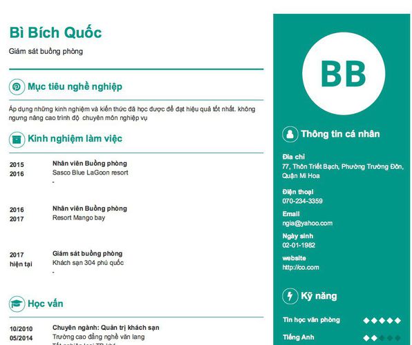 Mẫu CV Giám sát buồng phòng