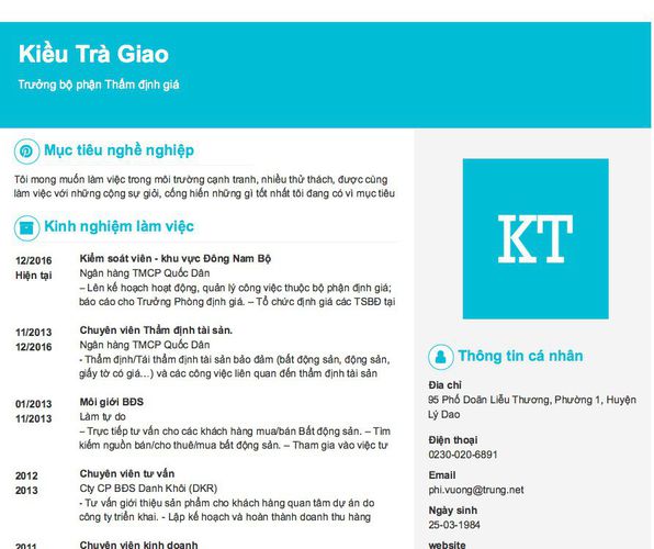 Mẫu CV Trưởng bộ phận Thẩm định giá