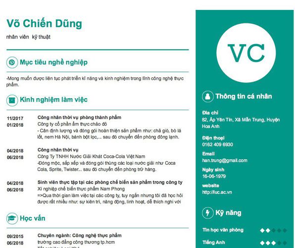 Mẫu CV nhân viên  kỹ thuật