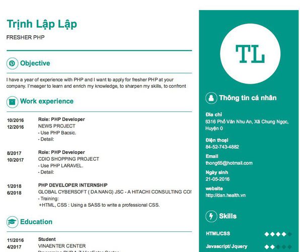 Mẫu CV FRESHER PHP