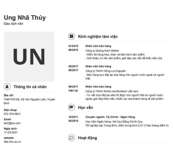 Mẫu CV Giao dịch viên