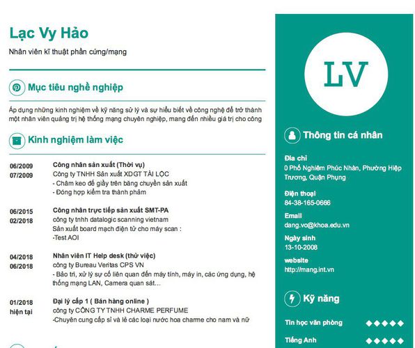 Mẫu CV Nhân viên kĩ thuật phần cứng/mạng