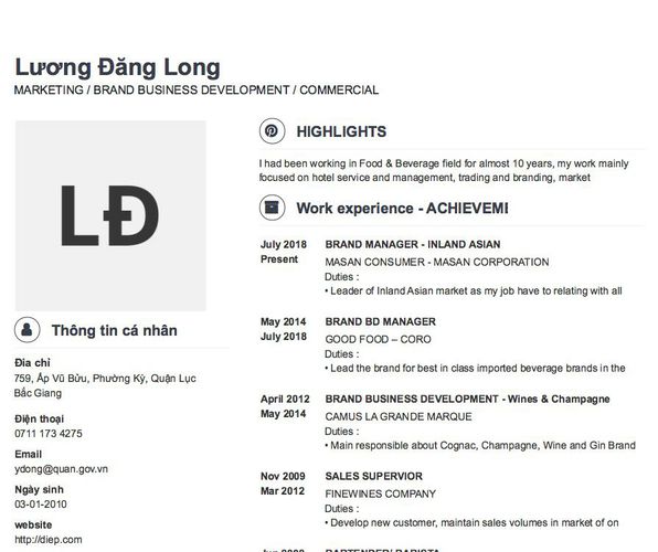 Mẫu CV MARKETING / BRAND BUSINESS DEVELOPMENT / COMMERCIAL