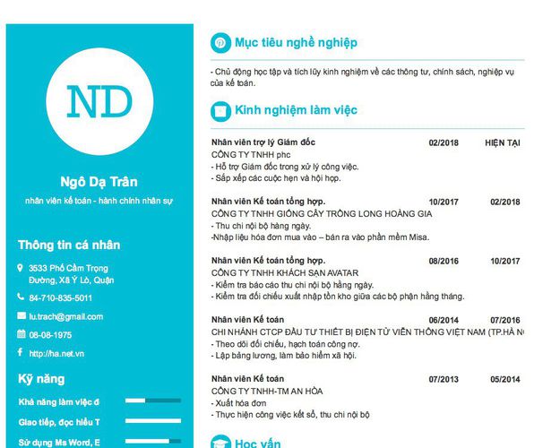 Mẫu CV nhân viên kế toán - hành chính nhân sự