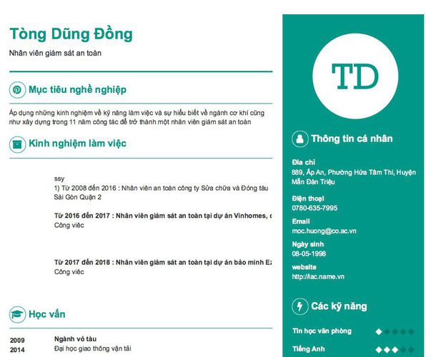 Mẫu CV Nhân viên giám sát an toàn