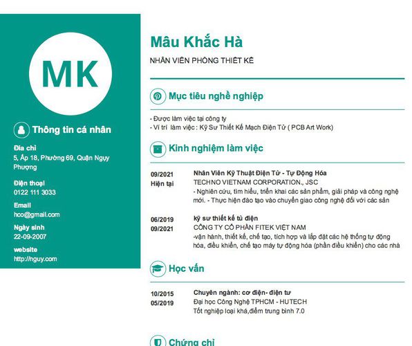 Mẫu CV NHÂN VIÊN PHÒNG THIẾT KẾ