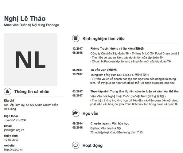 Mẫu CV Nhân viên Quản trị Nội dung Fanpage