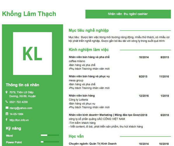Mẫu CV Nhân viên  thu ngân/ cashier