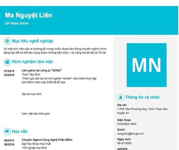 Mẫu CV QA Tester Game