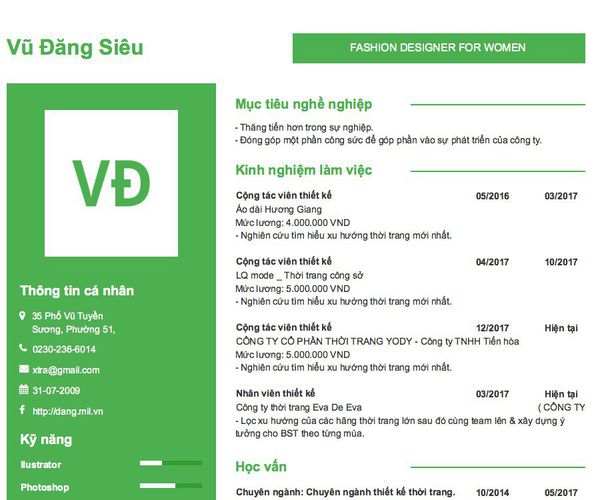Gợi ý cách viết Mẫu CV tham khảo FASHION DESIGNER FOR WOMEN