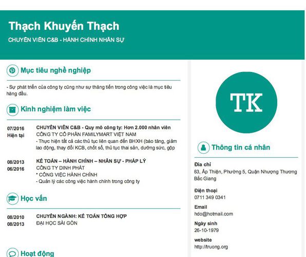 Mẫu CV CHUYÊN VIÊN C&B - HÀNH CHÍNH NHÂN SỰ