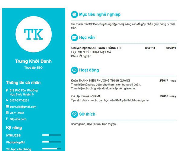 Mẫu CV Thực tập SEO