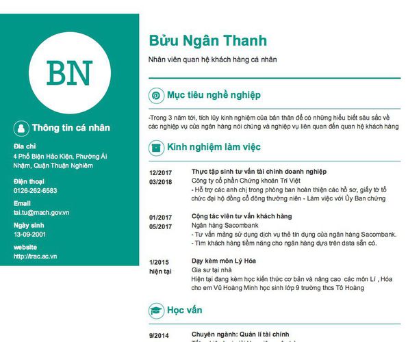 Mẫu CV Nhân viên quan hệ khách hàng cá nhân