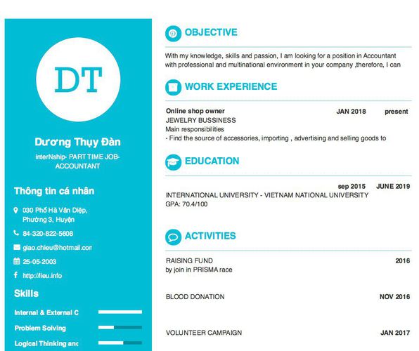 Mẫu CV interNship- PART TIME JOB- ACCOUNTANT