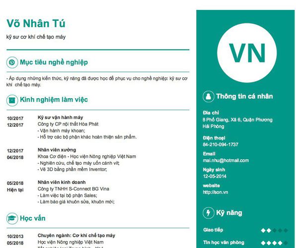Mẫu CV kỹ sư cơ khí chế tạo máy