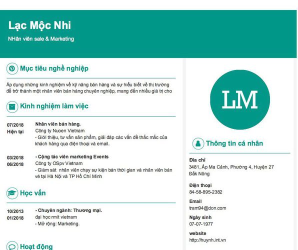 Mẫu CV NHân viên sale & Marketing