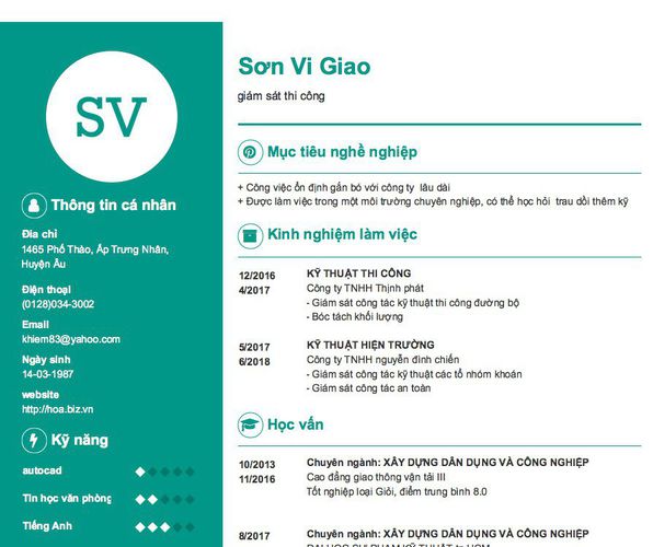 Mẫu CV giám sát thi công