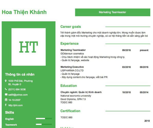 Mẫu CV Marketing Teamleader