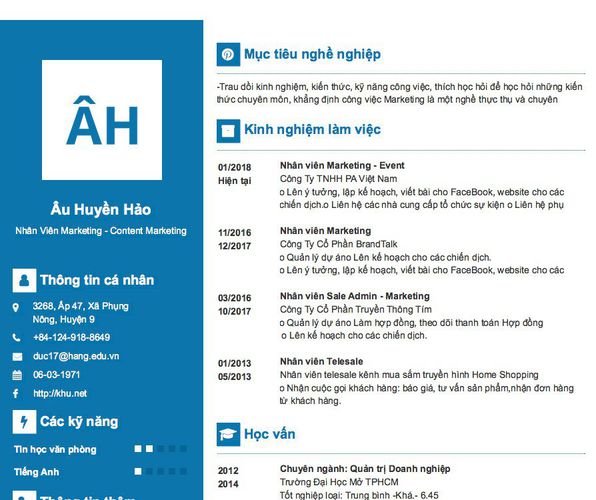 Mẫu CV Nhân Viên Marketing - Content Marketing