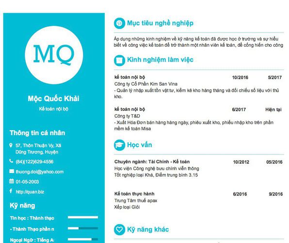 Mẫu CV Kế toán nội bộ