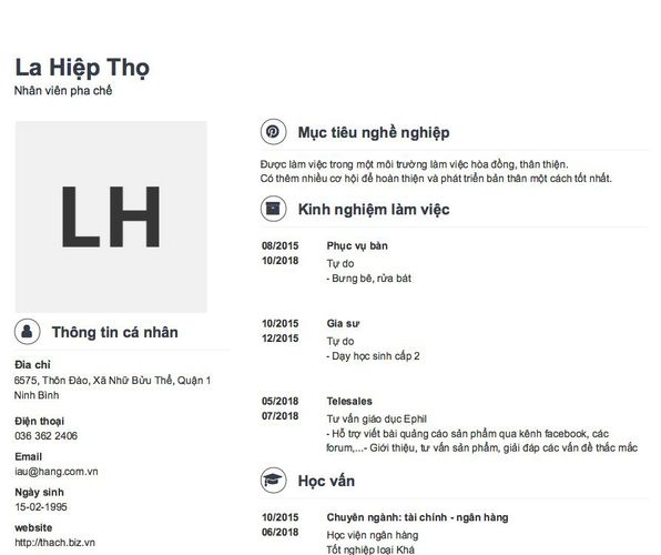 Mẫu CV Nhân viên pha chế
